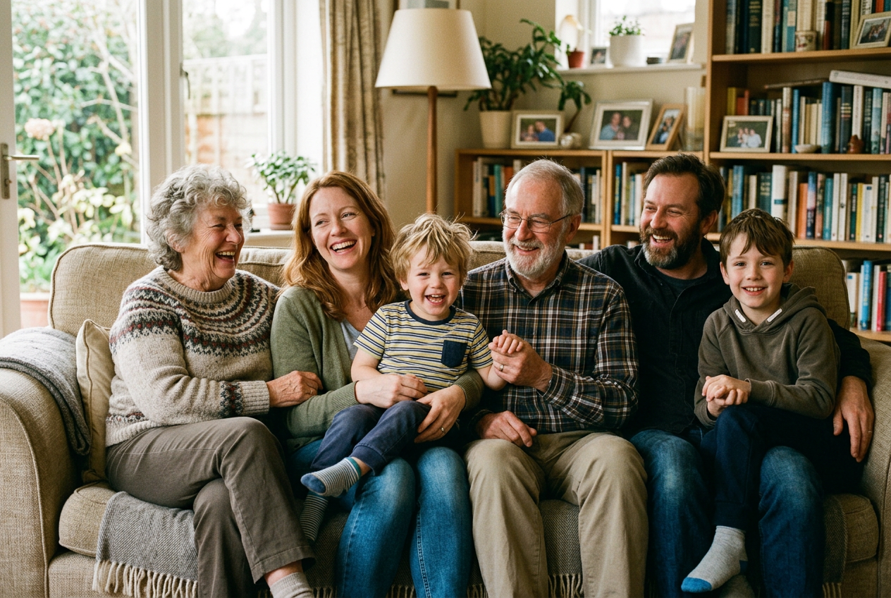 A multi-generational family sitting together at home, smiling
